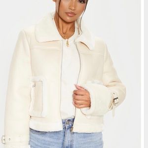 Cream Borg Trim Cropped PU Jacket